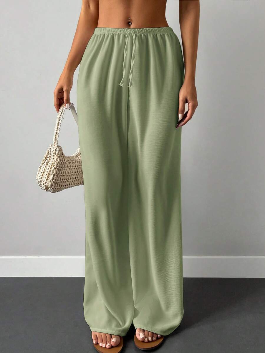 Solid Elastic Waist Wide Leg Trousers - Green - View 1
