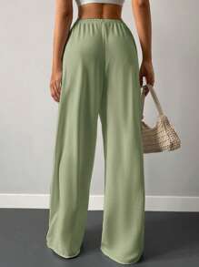 Solid Elastic Waist Wide Leg Trousers - Green - View 2