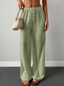 Solid Elastic Waist Wide Leg Trousers - Green - View 3