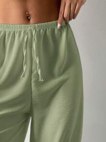 Solid Elastic Waist Wide Leg Trousers - Green - View 5