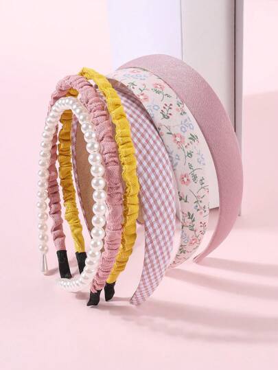 6pcs Girls' Bohemian Printed Mesh Headbands, Elegant Vintage Faux Pearl Hair Accessories Set For Daily Wear, For Christmas