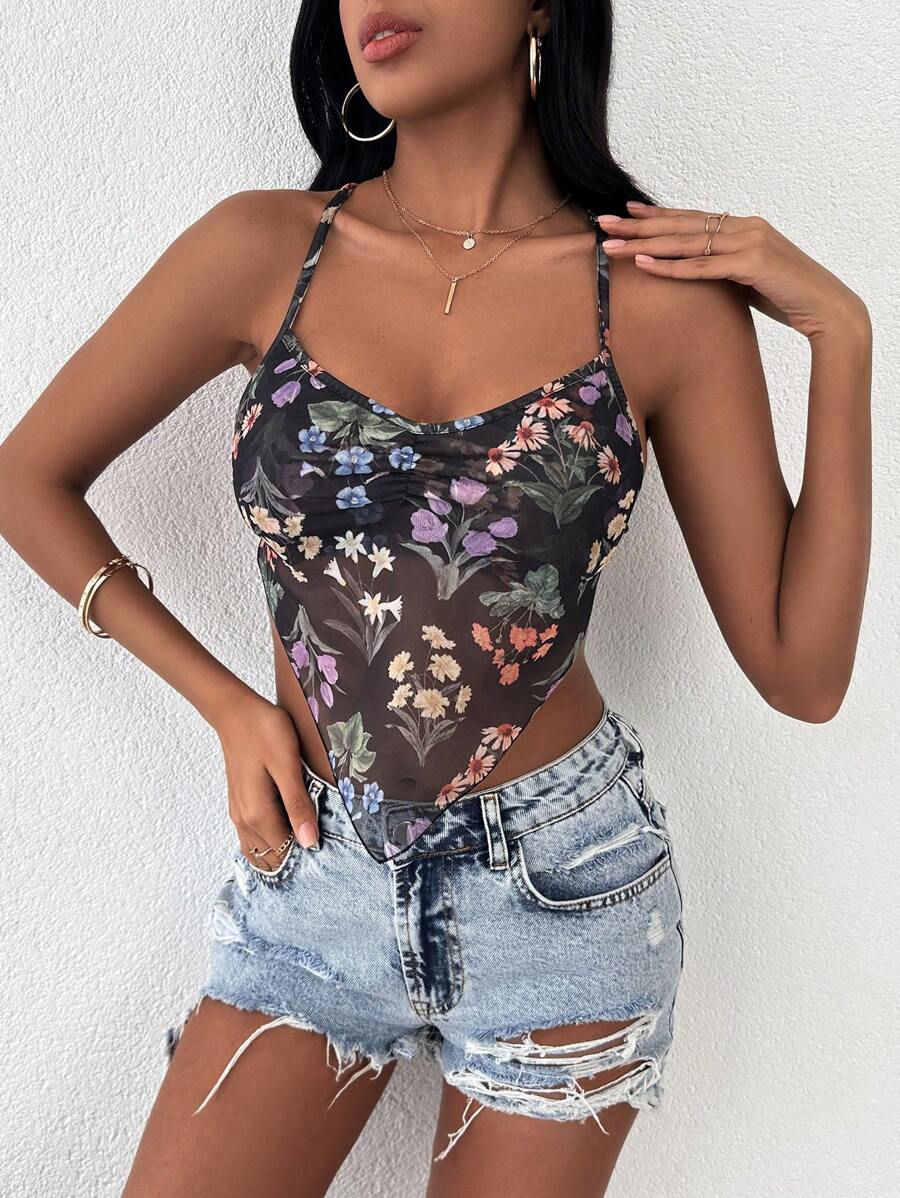 EURMUSE Top de tirantes con estampado floral de espalda abierta con tira cruzada bajo pañuelo - Multicolor - Ver 1