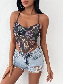 EURMUSE Top de tirantes con estampado floral de espalda abierta con tira cruzada bajo pañuelo - Multicolor - Ver 3