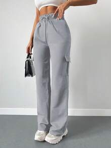 RueChic Túi nắp bên cạnh Quần Cargo - Xám - Xem 5