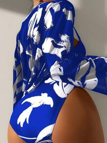 SHEIN Swim Bañador bikini push up con estampado tropical con kimono - azul real - Ver 2