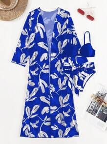 SHEIN Swim Bañador bikini push up con estampado tropical con kimono - azul real - Ver 4