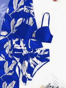 SHEIN Swim Bañador bikini push up con estampado tropical con kimono - azul real - Ver 5