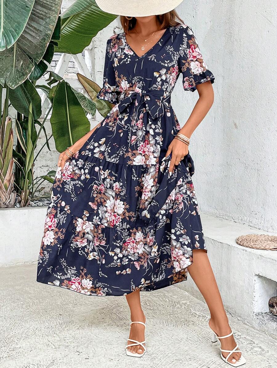 Breezaya Floral Print Flounce Sleeve Ruffle Hem Belted Dress Maxi Vacation Beach Outfits Women - Navy Blue - View 1