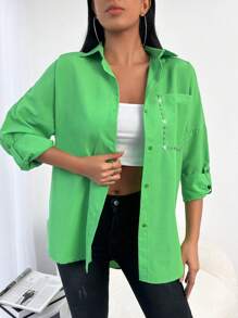 EURMUSE Pocket Patched Roll Up Sleeve Shirt - Green - View 2