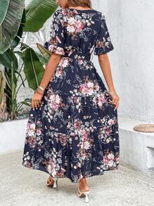 Breezaya Floral Print Flounce Sleeve Ruffle Hem Belted Dress Maxi Vacation Beach Outfits Women - Navy Blue - View 2