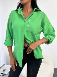 EURMUSE Pocket Patched Roll Up Sleeve Shirt - Green - View 3