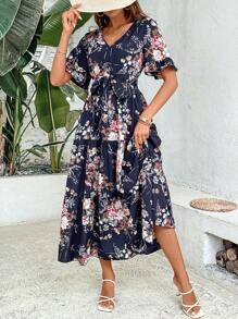 Breezaya Floral Print Flounce Sleeve Ruffle Hem Belted Dress Maxi Vacation Beach Outfits Women - Navy Blue - View 3
