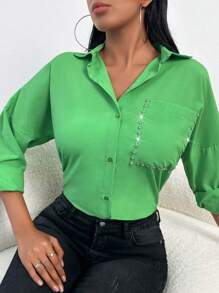 EURMUSE Pocket Patched Roll Up Sleeve Shirt - Green - View 5