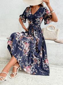 Breezaya Floral Print Flounce Sleeve Ruffle Hem Belted Dress Maxi Vacation Beach Outfits Women - Navy Blue - View 5