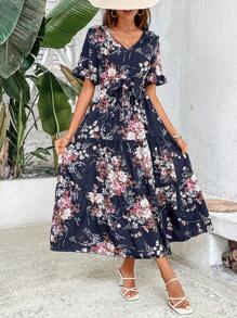Breezaya Floral Print Flounce Sleeve Ruffle Hem Belted Dress Maxi Vacation Beach Outfits Women - Navy Blue - View 6