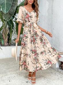Breezaya Floral Print Flounce Sleeve Ruffle Hem Belted Dress - Apricot - View 1