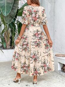 Breezaya Floral Print Flounce Sleeve Ruffle Hem Belted Dress - Apricot - View 2