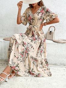 Breezaya Floral Print Flounce Sleeve Ruffle Hem Belted Dress - Apricot - View 5
