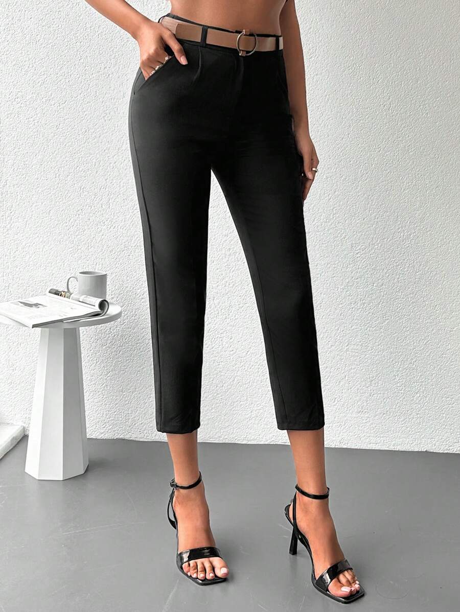 素色斜口袋七分西裝褲 - 黑色 - 查看 1