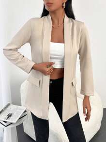 Solid Open Front Kimono - Beige - View 3