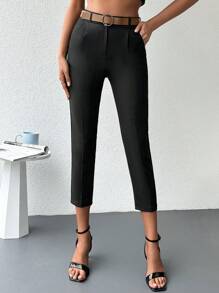 素色斜口袋七分西裝褲 - 黑色 - 查看 3