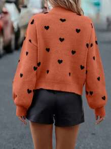 SHEIN LUNE Heart Pattern Drop Shoulder Jumper - Orange - View 2