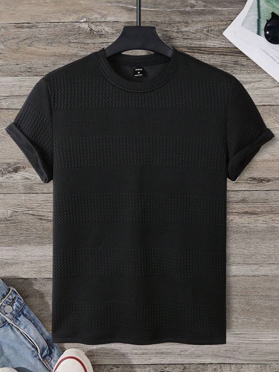 Manfinity Homme 男士素色紋理質感T恤 - 黑色 - 查看 1