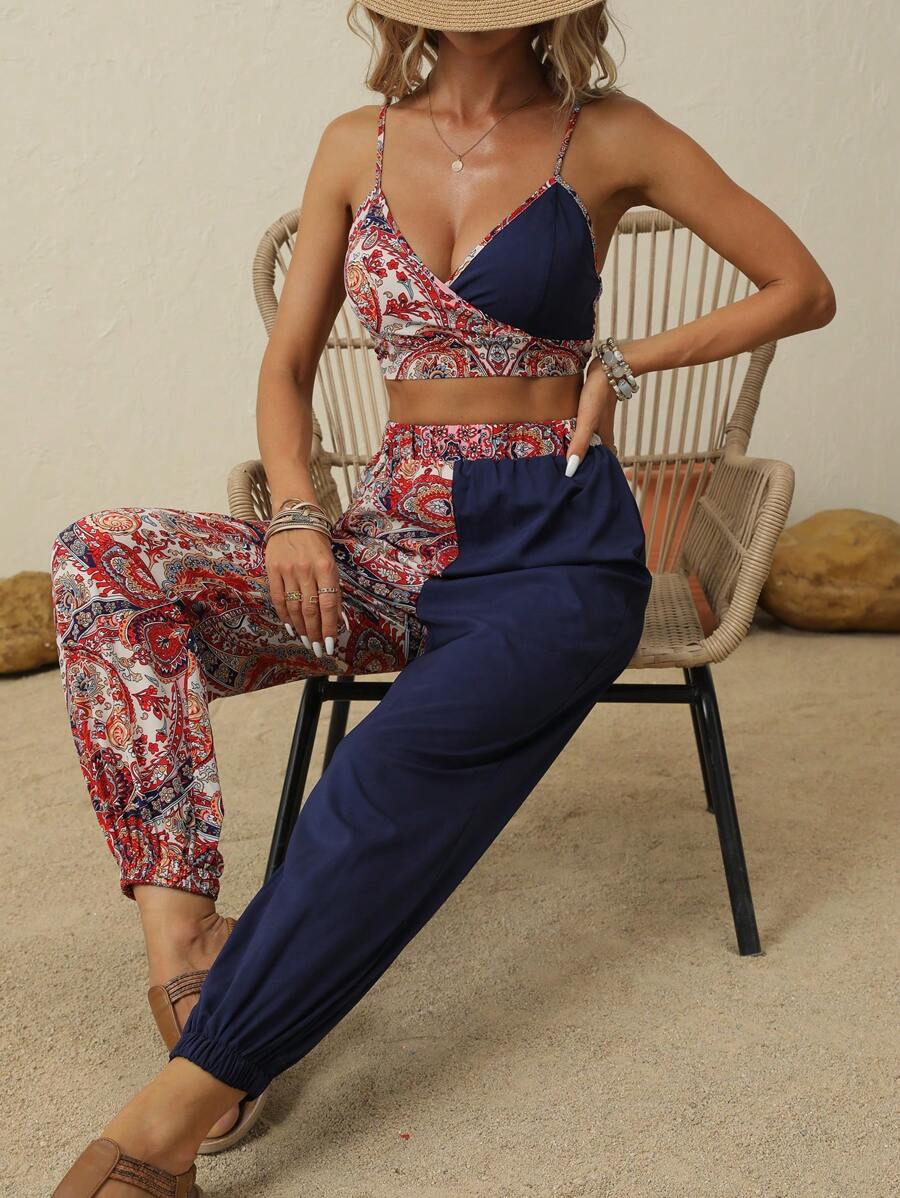 SHEIN VCAY Paisley Print Cami Top & Trousers - Multicolor - View 1