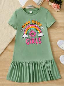 SHEIN 青少女花卉和標語圖形荷葉邊散摺禮服 - 薄荷綠 - 查看 1