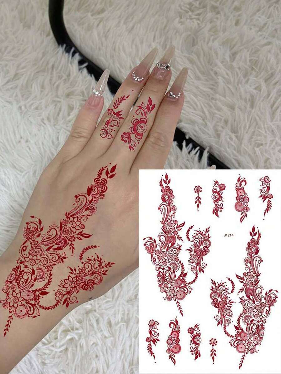 1 hoja de pegatina de tatuaje con patrón de flores, pegatina de tatuaje para dedo, muñeca, cuerpo, espacio pequeño, arte corporal - Burdeos - Ver 1