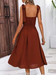 Breezaya Đầm Thắt nút Tách cao Nếp gấp Phần Ngực màu trơn Giải trí - Rỉ Nâu - Xem 2