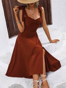 Breezaya Đầm Thắt nút Tách cao Nếp gấp Phần Ngực màu trơn Giải trí - Rỉ Nâu - Xem 4