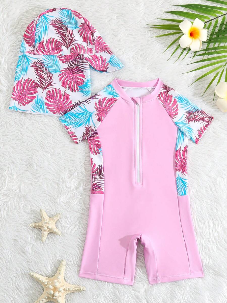 Baby Girl Tropical Print Zipper Front One Piece Swimsuit With Swim Cap - Pink - View 1