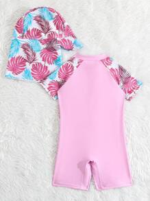 Baby Girl Tropical Print Zipper Front One Piece Swimsuit With Swim Cap - Pink - View 2