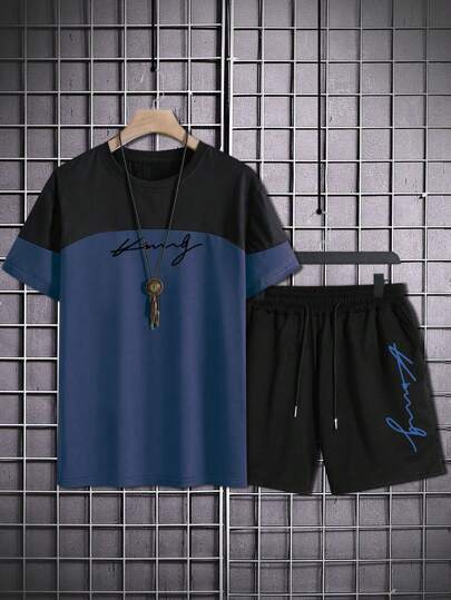 Guys Letter Graphic Two Tone Tee & Drawstring Waist Shorts