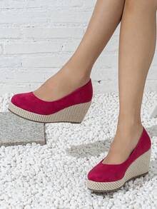 度假淺口坡跟鞋適用於女士勾織仿麂皮一腳蹬編織坡跟鞋