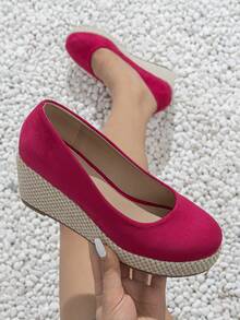 度假淺口坡跟鞋適用於女士勾織仿麂皮一腳蹬編織坡跟鞋