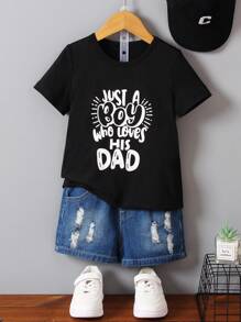 SHEIN Chàng trai trẻ 1 Miếng Đồ họa Khẩu hiệu Áo thun - màu đen - Xem 1