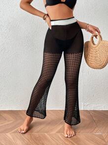 Hollow Out Crochet Flare Leg Cover Up Pants - Black - View 6
