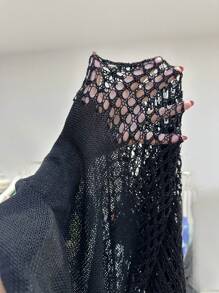 Hollow Out Crochet Flare Leg Cover Up Pants - Black - View 7