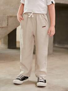 SHEIN 男童字母拼布細節束腰長褲 - 卡其色 - 查看 1