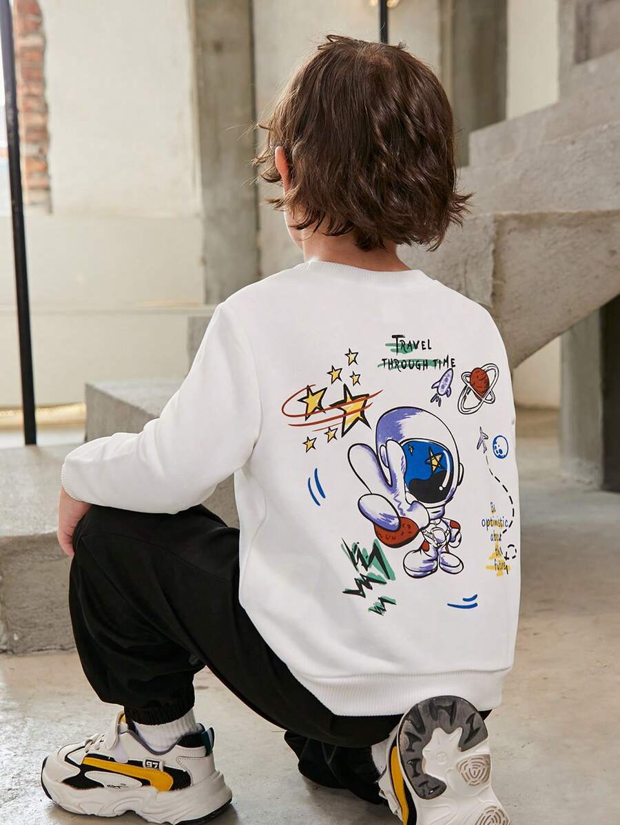 SHEIN Toddler Boys Astronaut & Slogan Graphic Sweatshirt - White - View 1