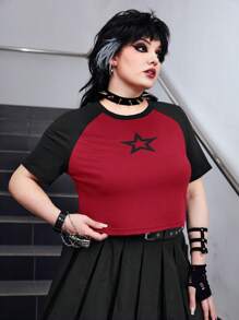 ROMWE Grunge Punk Plus Star Print Raglan Sleeve Tee - Multicolor - View 5
