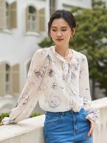 DAZY Floral Print Ruffle Trim Flare Sleeve Blouse - Beige - View 8