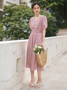 DAZY 泡泡袖抽褶腰連衣裙 - 粉色 - 查看 8