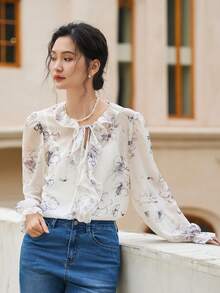 DAZY Floral Print Ruffle Trim Flare Sleeve Blouse - Beige - View 9