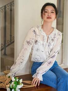 DAZY Floral Print Ruffle Trim Flare Sleeve Blouse - Beige - View 10