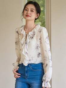 DAZY Floral Print Ruffle Trim Flare Sleeve Blouse - Beige - View 11