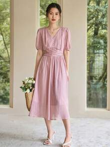 DAZY 泡泡袖抽褶腰連衣裙 - 粉色 - 查看 11