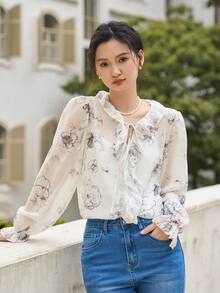 DAZY Floral Print Ruffle Trim Flare Sleeve Blouse - Beige - View 12